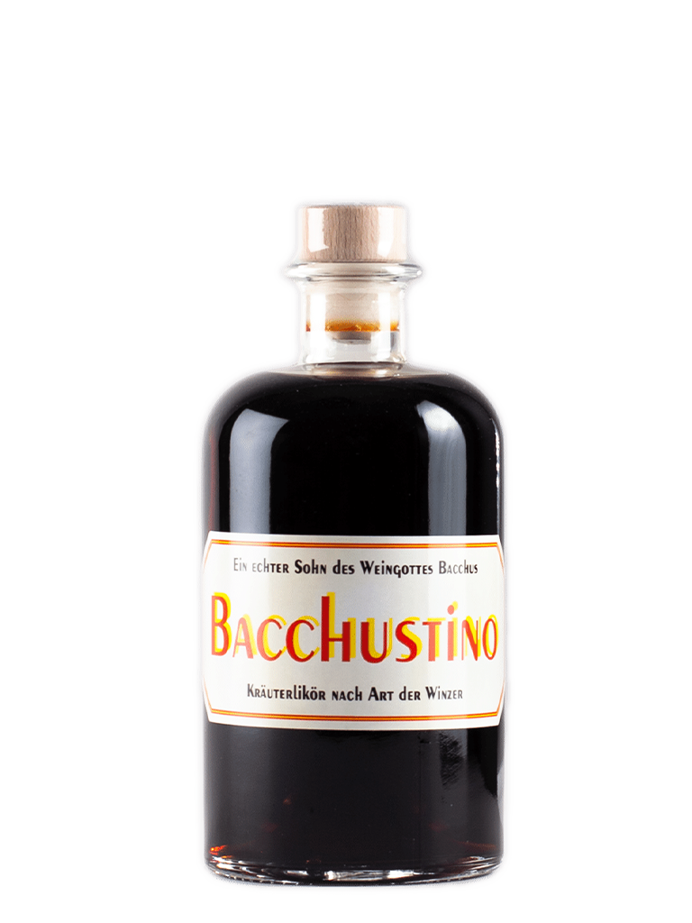 Flasche Bacchustino Kräuterlikör in tief dunkelbrauner Farbe nach Art der Winzer