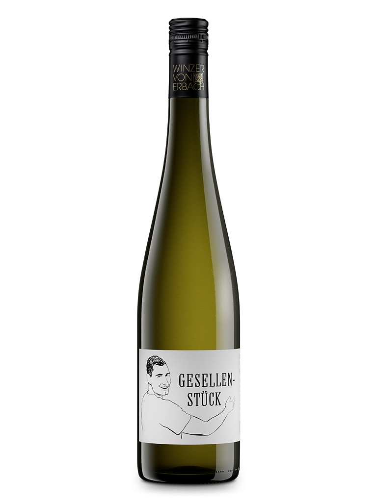 Flasche Gesellenstück Riesling trocken Qualitätswein mit Zeichnung des Winzer von Erbach Kellmeisters auf Etikett