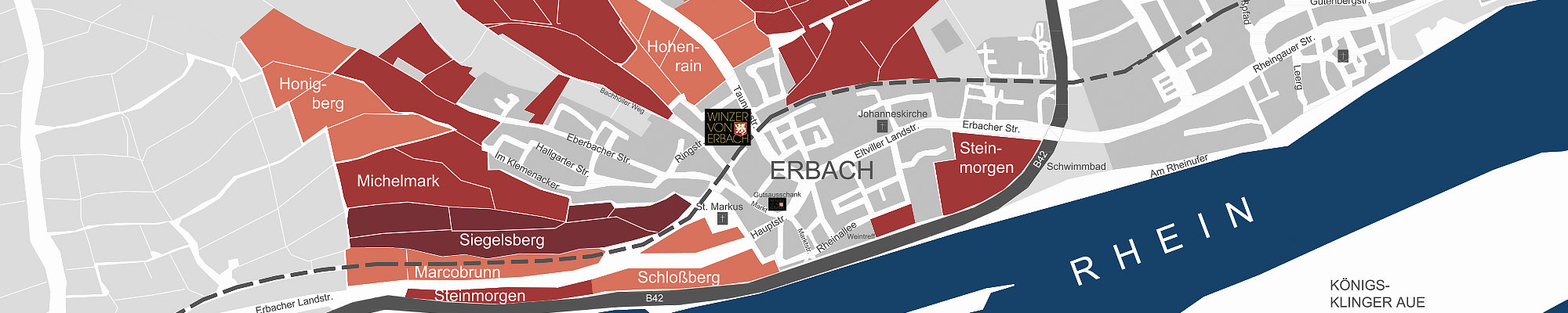Anfahrtskizze zur Winzer von Erbach eG mit Rhein und umgebenden Weinlagen im Rheingau