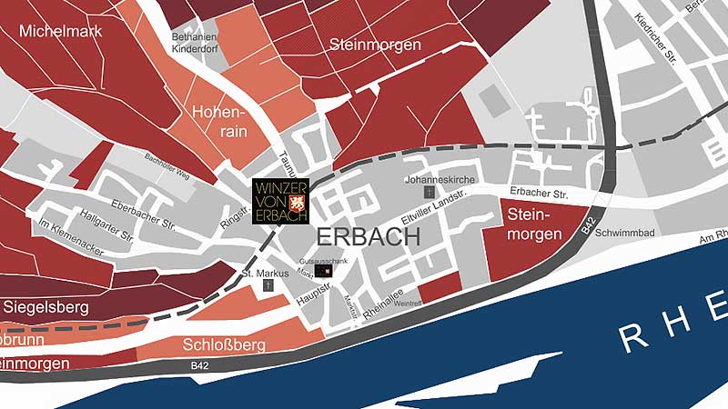 Anfahrtskizze zur Winzer von Erbach eG mit Rhein und umgebenden Weinlagen im Rheingau