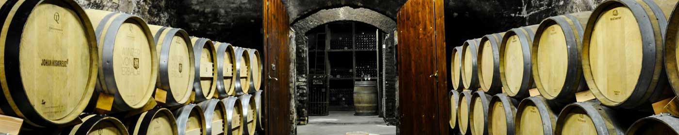 Holzfasskeller mit Barriquefässern mit Blick in die Schatzkammer der Winzer von Erbach im Rheingau