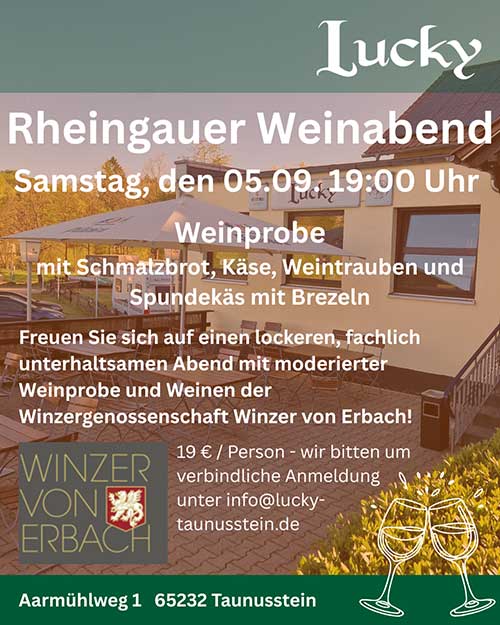 Bild mit Einladung zur Veranstaltung Rheingauer Weinabend im Lokal Lucky in Taunusstein