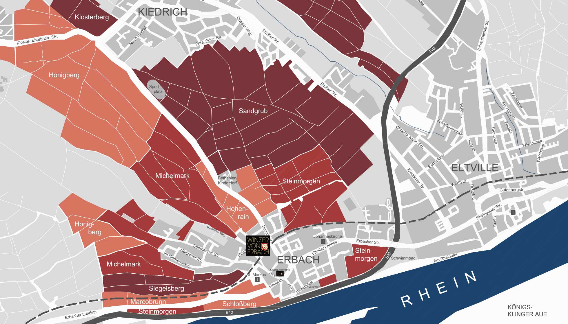 Karte mit allen Weinbergslagen rund um die Ortschaften Erbach, Kiedrich und Eltville im Rheingau